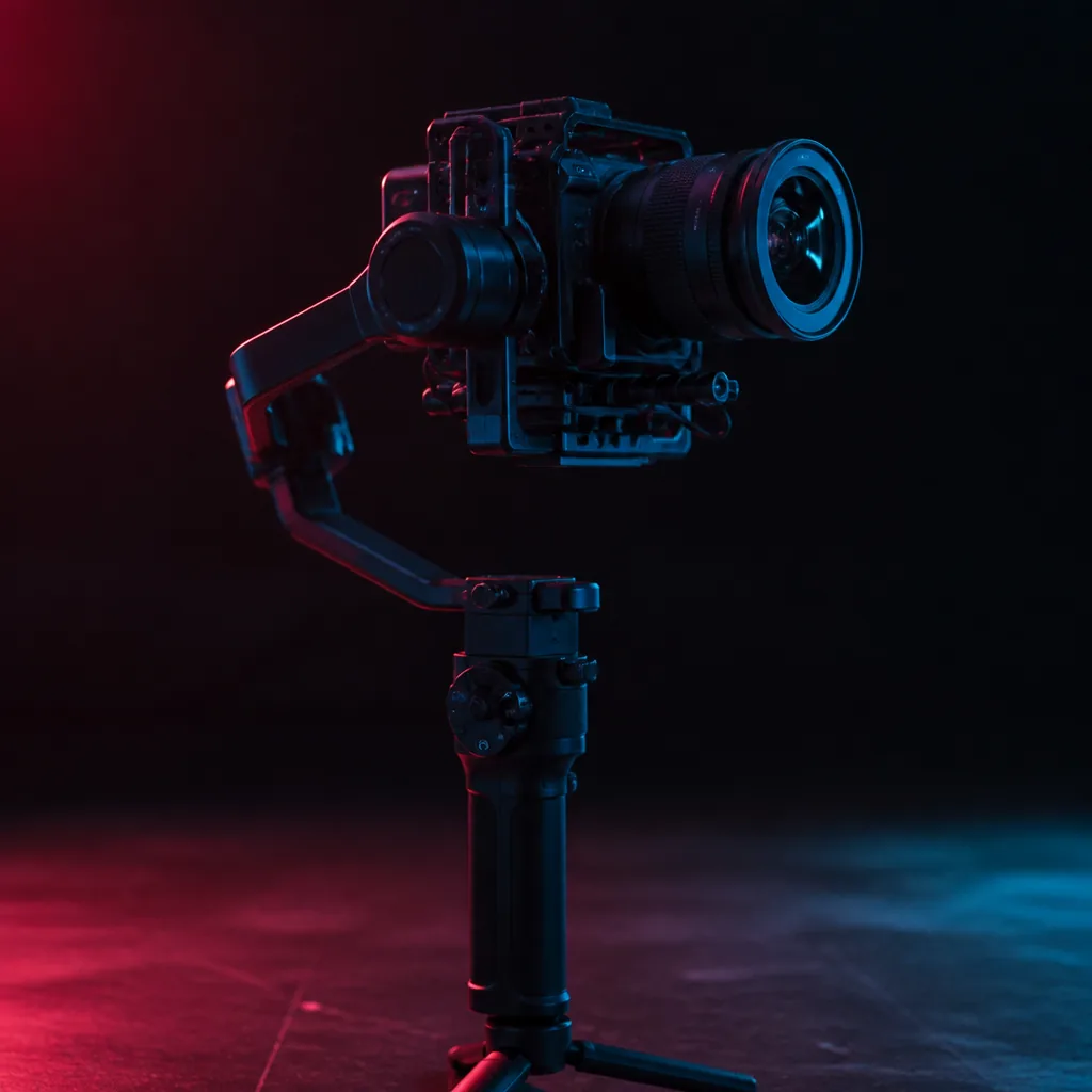 Cámara de cine sobre gimbal con luz de acento teal